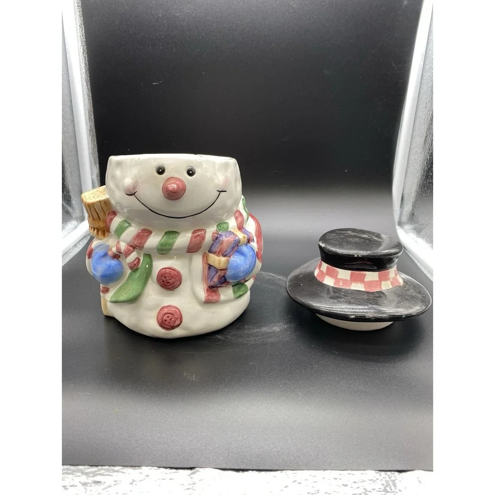Vintage Snowman Ceramic Cookie Jar Holiday Christmas Decor Black Top Hat Scarf